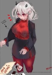 demon_girl modeus_(helltaker) office_lady red_eyes voluptuous_female wardrobe_malfunction white_hair