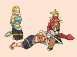 3girls arms_tied_behind_back black_skirt blonde_hair bondage braided_hair breasts breath_of_the_wild brown_eyes choker crown_braid flats forehead_jewel forehead_mark gag gagged gerudo gerudo_outfit gerudo_set_(zelda) gerudo_top green_eyes grey_hair hair_ornament hair_sticks hairbun hairclip high_heels kneeling laying_down legs_tied long_hair looking_at_viewer medium_breasts midriff navel nintendo nivek15 over_the_mouth_gag paya_(the_legend_of_zelda) princess_zelda red_hair riju rope rope_bondage shibari_over_clothes shoes skirt the_legend_of_zelda