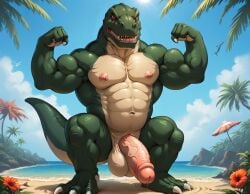 1boy 5_toes ai_generated anthro balls beach big_balls big_muscles big_nipples big_penis booster_rex claws daddy dinosaur erect_penis erection furry furry_male gay green_body huge_balls huge_cock huge_muscles huge_nipples looking_at_viewer male male_only muscles muscular muscular_anthro muscular_male nipples open_mouth penis red_eyes reptile sand scalie sharp_teeth sharptooth_(character) solo tail teeth the_land_before_time two_tone_body veiny_penis water