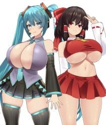 2girls 3d blue_hair brown_hair dekapaiyukari enormous_breasts facominn gigantic_breasts hatsune_miku huge_breasts iwabner iwabner_girls_hentai looking_at_viewer massive_breasts reimu_hakurei skirt syobons syobons_(shupi-san) tagme touhou vocaloid