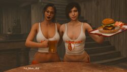 3d ada_wong asian_female beer breasts burger capcom crossover dark-skinned_female dbd dead_by_daylight fries hooters jane_romero light-skinned_female resident_evil resident_evil_2 restaurant yui_main_dbd