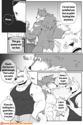 abs anthro biceps big_muscles canine comic fur greyscale male mammal monochrome muscular muscular_male naruever nipples pecs wolf yaoi zack_(naruever)