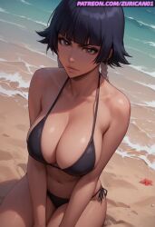 ai_generated ass ass_focus ass_up beach big_breasts bikini bleach bleach:_the_thousand-year_blood_war exposed_breasts looking_at_viewer pink_nipples ryuuziken01 short_hair sitting soifon solo viewed_from_below