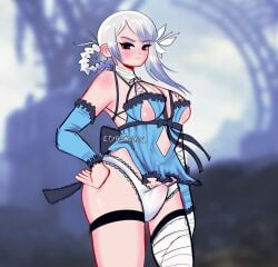 1futa big_breasts breasts bulge canon_futanari cdromarts clothed clothing erect_penis erection erection_under_clothes erection_under_clothing futa_only futanari human kaine_(nier) light-skinned_futanari light_skin looking_at_viewer mostly_nude nier nier_replicant penis penis_in_panties penis_under_clothes solo standing tenting white_hair