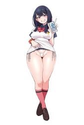 ankoman black_hair breasts brown_loafers cameltoe cellphone clothes_lift female gridman_universe highres knee_socks kneehighs kneesocks large_breasts loafers miniskirt orange_scrunchie panties phone red_socks school_uniform scrunchie shoes side-tie_panties skirt skirt_lift smartphone socks socks_and_shoes ssss.gridman sweater takarada_rikka thick_thighs thighs thong underwear v white_panties