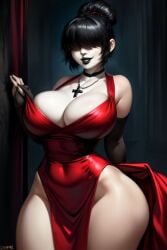 ai_generated bangs bangs_over_eyes black_hair black_lipstick cleavage goth goth_girl hair_bun hair_over_eyes huge_ass huge_breasts josie_(euclidbeing) massive_breasts massive_thighs original_character red_dress short_hair smiling smiling_at_viewer thick_thighs tight_clothing tight_dress