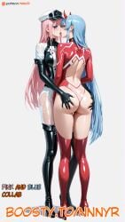 ai_generated akame_ga_kill! ass_grab blue_eyes blue_hair darling_in_the_franxx esdeath_(akame_ga_kill!) french_kiss french_kissing green_eyes kissing kissing latex latex_clothing latex_suit latex_thighhighs lesbian_couple lesbian_kiss nnnyr pink_hair stable_diffusion standing yuri yuri zero_two_(darling_in_the_franxx)