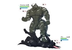 absurd_res anthro big_muscles canid canine canis cell_(unknown) duo felid gameplay_mechanics growth hi_res huge_muscles hyper hyper_muscles male male/male mammal muscle_growth muscle_theft muscular pantherine stepped_on tiger unknown_(artist) wolf