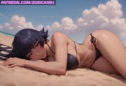 ai_generated big_breasts bikini bleach bleach:_the_thousand-year_blood_war exposed_breasts laying_on_side looking_at_viewer pink_nipples ryuuziken01 short_hair soifon