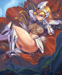 1girls 2017 armor blonde_hair blue_eyes boots breasts cecily_fairchild crossed_legs curvaceous cutesexyrobutts f91_gundam female fishnet_top flower gauntlets gundam gundam_f91 headgear humanized light-skinned_female light_skin long_hair looking_at_viewer mecha_musume nipples panties personification shirt_lift solo thick_thighs underwear wide_hips