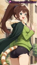 1girls :d ai_generated anime anime_style asian ass bangs black_cape black_choker black_shorts blush breasts brown_hair building bust busty cape choker cowboy_shot day female female_focus female_only from_behind fur-trimmed_cape fur_trim green_cape green_eyes green_jacket hair_intakes hand_up high_ponytail hood hood_down jacket kono_subarashii_sekai_ni_shukufuku_wo! large_breasts long_hair long_sleeves looking_at_viewer looking_back medium_breasts natsuyoru open_mouth oshiri outdoors partially_unzipped pink_shirt ponytail raccoon_tail rin_(konosuba) shirt short_shorts shorts sidelocks smile solo solo_female standing striped_tail tail teeth thighs tied_hair tiger_tail upper_teeth_only voluptuous voluptuous_female waving