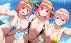 3girls ai_generated bikini breasts female female_focus female_only go-toubun_no_hanayome large_breasts light-skinned_female light_skin looking_at_viewer multiple_girls nakano_ichika nakano_nino nakano_yotsuba shiny_skin sisters sling_bikini swimsuit thighs wide_hips yuukiai