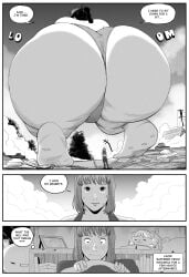 2girls ass big_ass black_and_white destruction english_text fat_ass feet female giantess harorlood huge_ass marina_(harorlood) yuri