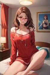 1girls ai_generated bra brown_eyes brown_hair female_only glasses medium_breasts revealing_clothes skotos_ai