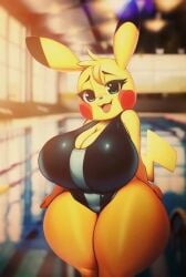 1girls 2d 2d_animation ai_generated alone animated awokose big_breasts breasts cleavage clothed female female_only fur furry huge_breasts huge_thighs indoors looking_at_viewer nintendo no_sound one-piece_swimsuit pikachu pokemon pokemon_(species) pool poolside shorter_than_10_seconds shortstack shy smile solo standing sunset swimsuit tagme tail thick_thighs vertical_video video water wide_hips yellow_fur