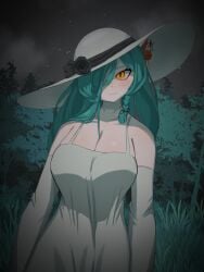 1girl braided_hair breasts cat_ears confusedsabron female female_only forest forest_background green_hair hasshaku-sama hasshaku-sama_(cosplay) omocat omori sun_hat white_dress