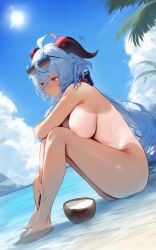 ahoge ai_generated armpit_crease bare_arms bare_legs bare_shoulders bare_thighs barefoot beach big_breasts blue_body blush breasts closed_mouth completely_nude feet feet_in_water ganyu_(genshin_impact) genshin_impact hand_on_thigh horns knees_up long_hair nipples nude ocean outdoors purple_eyes setsuaiart sitting sunglasses_on_head sweatdrop tan_body tanline thighs water