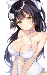 1girls azur_lane bare_shoulders big_breasts black_hair blush breasts chikuwa_noko cute daisy female female_only hair_ornament hair_ribbon hourglass_figure light-skinned_female light_skin long_hair looking_at_viewer navel sakura_empire_(azur_lane) solo suit takao_(azur_lane) takao_(beach_rhapsody)_(azur_lane) white_background white_hair_ornament white_swimsuit yellow_eyes