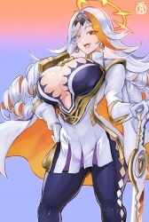 1girls absurdres ass_visible_through_thighs baldr_(fire_emblem) blue_bodysuit bodysuit bodysuit_under_clothes breasts cape center_opening cleavage colored_inner_hair diamond_cutout drill_hair earrings female female_only fire_emblem fire_emblem_heroes gloves gold_cape gradient_background hair_between_eyes halo hand_on_own_hip heterochromia highres huge_breasts instant_loss jewelry laughing long_hair looking_at_viewer multicolored_cape multicolored_clothes multicolored_hair orange_cape orange_hair plunging_neckline red_eyes revolverwingstudios single_hair_streak smile solo streaked_hair sword thick_thighs thighs two-tone_cape weapon white_cape white_gloves white_hair yellow_eyes