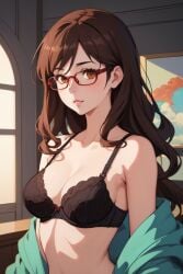 1girls ai_generated bra brown_eyes brown_hair female_only glasses medium_breasts revealing_clothes skotos_ai