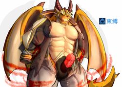 bound caro_zalt clothed clothing dragon erection handjob horn male male_only muscular muscular_male ophion pants partially_clothed penis sex tokyo_afterschool_summoners topless wings