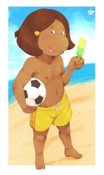 2021 accessory anthro arthur_(series) ball barefoot beach beachball bodily_fluids brown_hair bzeh casual_nudity clothing cloud contentious_content crossdressing cub dark_skin day feet female food francine_frensky furry hair_ornament haplorhine high_resolution holding holding_ball holding_object limited_visibility looking_at_viewer male_swimwear male_swimwear_challenge mammal monkey navel nipples ocean outdoors pattern_swimwear patterned_clothing pettanko popsicle primate sand seaside short_hair shorts sky smile soccer_ball solo standing striped striped_clothing striped_swimwear sweat swimming_trunks swimsuit tagme tomboy tongue tongue_out topless topless_female very_high_resolution water yellow_clothing yellow_swimwear young young_anthro