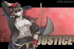 1girls abs bandage cosplay female_abs fully_clothed guilty_gear helltaker johnny_(guilty_gear) justice_(helltaker) muscular_female tagme the_profaner weapon