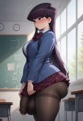 ai_generated black_legwear blush bubble_ass bubble_butt bulge bulge_through_clothing classroom embarrassed erection_under_clothes futa_focus futa_only futanari hiding_erection huge_cock komi-san_wa_komyushou_desu komi_shouko nervous pantyhose school_uniform side_view skirt thick_ass thick_thighs tight_clothing trying_not_to_cum