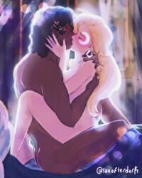 1boy artist_name black_hair blonde_hair blush cloak_(marvel) couple cuddling dagger_(marvel) dark-skinned_male dark_skin female highres interracial kissing long_hair marvel marvel_rivals sex signature taeafterdark twitter_username