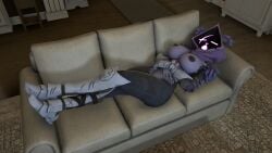 3d_(artwork) 5naptrap armor armored_boots armored_gloves bear crossed_arms crossed_legs digital_media_(artwork) epic_games feathers female fortnite fortnite:_battle_royale fur glowing_face hi_res humanoid lying mammal night on_back purple_body purple_glow raven_team_leader sleeping sleeping_on_sofa solo source_filmmaker_(artwork)