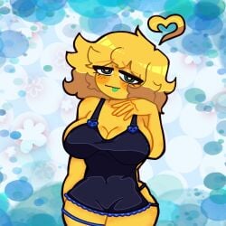 1girls almost_naked almost_nude apron apron_only beautiful big_breasts big_thighs breasts caught cleavage dominant_female female green_eyes green_tongue huge_ass mommy_dom no_bra no_panties requested sexy_body sexy_pose solo splatoon splatoon_youtuber thick_thighs thigh_strap vaqeii woman_only yellow_hair yellow_skin youtuber