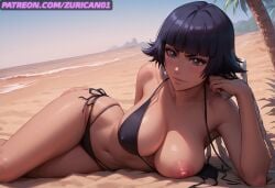 1girls ai_generated beach big_breasts bikini bleach bleach:_the_thousand-year_blood_war breasts exposed_breasts large_breasts laying_on_side looking_at_viewer nipples on_side one_breast_out outdoors pink_nipples ryuuziken01 short_hair soifon solo