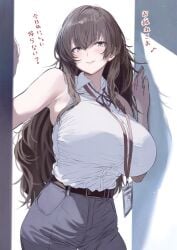 belt blush breasts brown_belt brown_eyes brown_hair buttons collared_shirt female grey_pants high_waisted_pants kurono_mitsuki lanyard large_breasts long_hair musical_note office_lady original pants shadow shirt sleeveless sleeveless_shirt solo tight_pants translation_request white_shirt