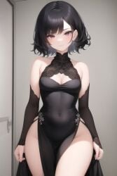 ai_generated black_dress black_hair dress happy jewelry messy_hair original room short_hair wide_hips