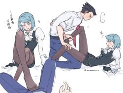 1boy 1girl ace_attorney blue_hair blush clothed crossed_legs feet_on_penis female foot_on_crotch franziska_von_karma fully_clothed gyakuten_saiban japanese_text karuma_mei legs_spread male naruhodou_ryuuichi necktie pantyhose phoenix_wright seductive sweat