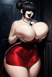 ai_generated bangs bangs_over_eyes black_hair black_lipstick cleavage drooling goth goth_girl hair_bun hair_over_eyes huge_ass huge_breasts josie_(euclidbeing) massive_breasts massive_thighs original_character pushing_breasts_together red_dress short_hair smiling smiling_at_viewer squeezing squeezing_breast squeezing_breasts thick_thighs tight_clothing tight_dress tongue tongue_out