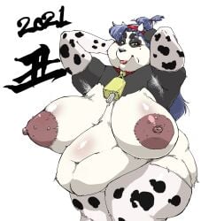 animal_print anthro armpit_hair bear big_breasts body_hair breasts cow_horns_crown cow_print cowbell female giant_panda hi_res huge_breasts looking_at_viewer mammal nipples obese obese_anthro obese_female overweight overweight_anthro overweight_female sagging_breasts seductive solo urikire