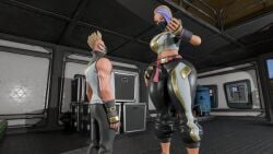 3d back_view blender catalyst_(fortnite) clothed commission couple drift_(fortnite) earings fingerless_gloves fortnite giantess hourglass_figure huge_ass huge_breasts indoor indoors looking_at_partner looking_down masked_female mini_giantess pants request short_hair smaller_male smug smug_face taller_female taller_girl thick_thighs thunder_thighs thunderthighs tshirt