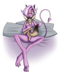 2017 5_fingers anthro biped black_nose blue_eyes blush breasts brown_fur brown_hair canine convenient_censorship dreamkeepers eyewear female fennec fox foxyverse front_view fur goggles hair highres horn humanoid humanoid_hands long_ears male mammal mancoin namah_calah nipples nude pink_hair playfennec signature simple_background size_difference small_breasts smile spade_tail straight