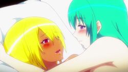 2girls aldea_(masou_gakuen_hxh) animated ass bed blonde_hair blush breast_grab breasts dark-skinned_female dark_skin eyebrows_visible_through_hair female female_only french_kiss gravel_(masou_gakuen_hxh) green_hair hentai huge_ass kissing large_breasts long_hair longer_than_30_seconds lying masou_gakuen_hxh moaning multiple_girls nipples panties pleasure_face purple_eyes purple_panties pussy red_eyes saliva screencap sex short_hair smile sound tagme topless underwear video yuri