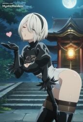 2b_(nier:automata) ai_generated anime anime_style artist_name black_gloves black_hairband black_thighhighs blowing_kiss blue_eyes boots breasts cleavage cleavage_cutout clothing_cutout feather-trimmed_sleeves feather_trim female full_moon gloves hairband heart hentai hi_res highleg highleg_leotard juliet_sleeves leaning_forward leotard long_sleeves looking_at_viewer medium_breasts mole mole_under_mouth moon mystic_maidens nier nier:_automata nier_(series) night night_sky no_blindfold one_eye_closed outdoors patreon patreon_username puffy_sleeves short_hair sky solo thigh_boots thighhighs thighhighs_under_boots thighs turtleneck white_hair white_leotard yorha_2b