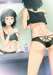 1girls ass bathroom black_panties dat_ass female female_only fubuki_(one-punch_man) half-shirt jmc5221 mirror one-punch_man panties solo underboob