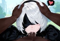 1girls ai_generated blacked blindfold blindfolded creamy_ai cum_in_mouth dark-skinned_male female interracial light-skinned_female light_skin nier:_automata short_hair short_hair_female tagme white_hair yorha_2b