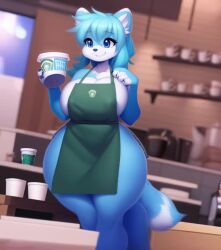 1girls 2d 2d_animation ai_generated animated anthro apron apron_only awokose blue_body blue_fur blue_hair blue_skin calm coffee coffee_shop furry huge_thighs no_sound public shorter_than_10_seconds tagme video