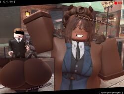 1boy 1girls 3d 3d_(artwork) ass baronaces big_ass breasts bulge censored_eyes clothed dated dialogue english_text host_(roblox) news_lady_(roblox) news_reporter_(welcome_to_bloxburg) now_playing_on_roblox roblox roblox_game robloxian tagme text welcome_to_bloxburg