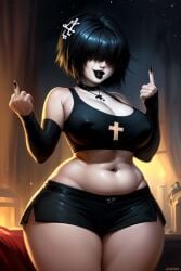 ai_generated arm_stockings bangs bangs_over_eyes black_hair black_lipstick booty_shorts chubby cleavage flipping_off goth goth_girl hair_over_eyes huge_ass huge_breasts josie_(euclidbeing) massive_breasts massive_thighs middle_finger minishorts original_character short_hair tank_top thick_thighs