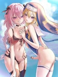 2boys androgynous ass astolfo_(fate) azulasi bar_censor bikini black_bikini black_choker black_ribbon black_thighhighs blonde_hair blue_leotard blue_sky blush braid bridget bulge censored choker clothing_aside cloud collarbone commentary_request crossdressing double-parted_bangs fate/grand_order fate_(series) femboy feminine_male garter_straps girly guilty_gear hair_between_eyes hair_ribbon heart heart_in_eye highleg highleg_leotard highres leotard leotard_aside long_hair male_focus mars_symbol multiple_boys navel nun open_mouth otoko_no_ko outdoors penis penis_size_difference pink_hair purple_eyes ribbon sailor_collar sidelocks single_braid sky smile stomach swimsuit symbol_in_eye teenager teeth thighhighs tongue trap upper_teeth_only very_long_hair white_sailor_collar white_thighhighs