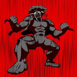 angry bertie_(invincible_fight_girl) exposed_pecs fists_clenched hulked_out invincible_fight_girl large_feet large_thighs muscles muscular muscular_female red_background roaring spiky_hair tears tears_of_rage torn_clothing yelling