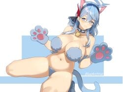 absurdres ako_(blue_archive) alternate_costume animal_ears animal_hands bare_shoulders bell bikini blue_archive blue_bikini blue_eyes blue_gloves blue_hair blue_halo blush breasts cat_ears cat_tail cleavage collar copyright_name cowbell female fur_bikini gehenna_academy_student gloves hair_ribbon hairband halo highres large_breasts looking_at_viewer medium_hair navel neck_bell paw_gloves prefect_team_(blue_archive) ribbon smile solo swimsuit tail thighs yykuaixian