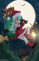 artist_name artist_request broom christmas christmas_elf christmas_hat christmas_outfit dream_jack elf_girl gift gift_box girl green_eyes green_hair lamp night oc original original_character pine_tree pistach-wich santa_claus tree witch